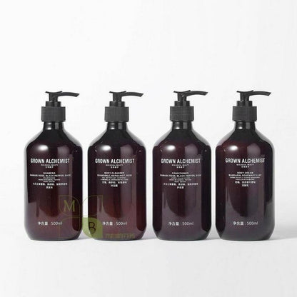 Grown Alchemist body lotion, hotel-shampoo-conditioner