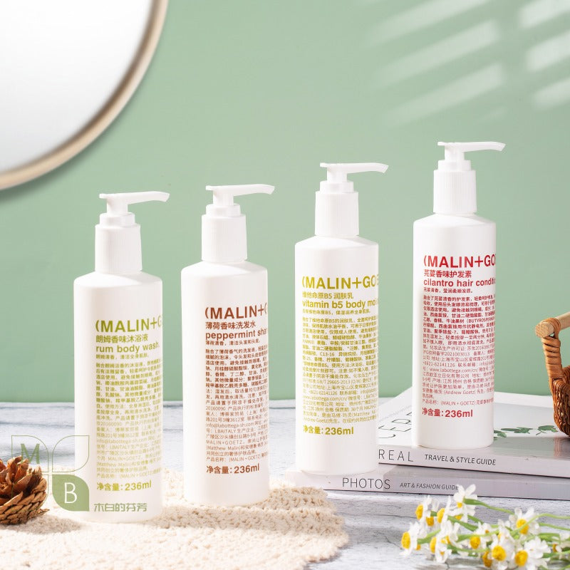 MALIN+GOETZ body lotion, hotel-shampoo-conditioner