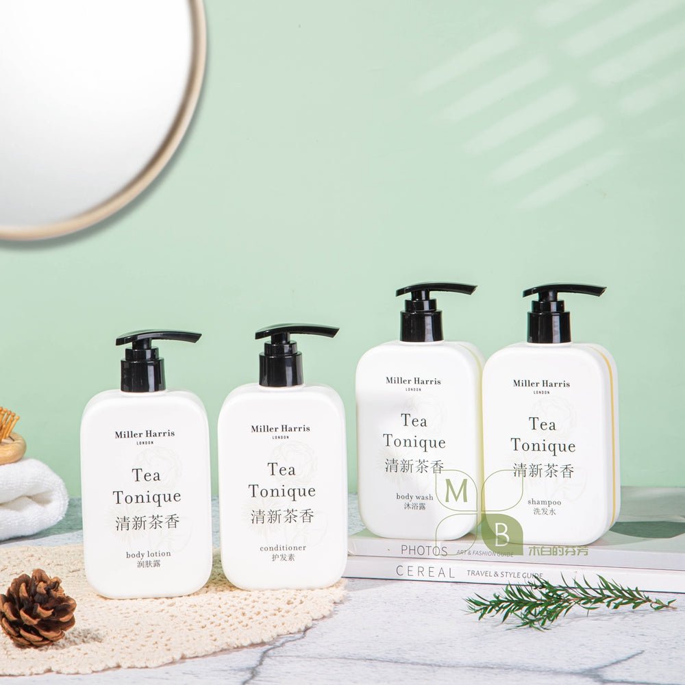 Miller Harris body lotion, hotel-shampoo-conditioner