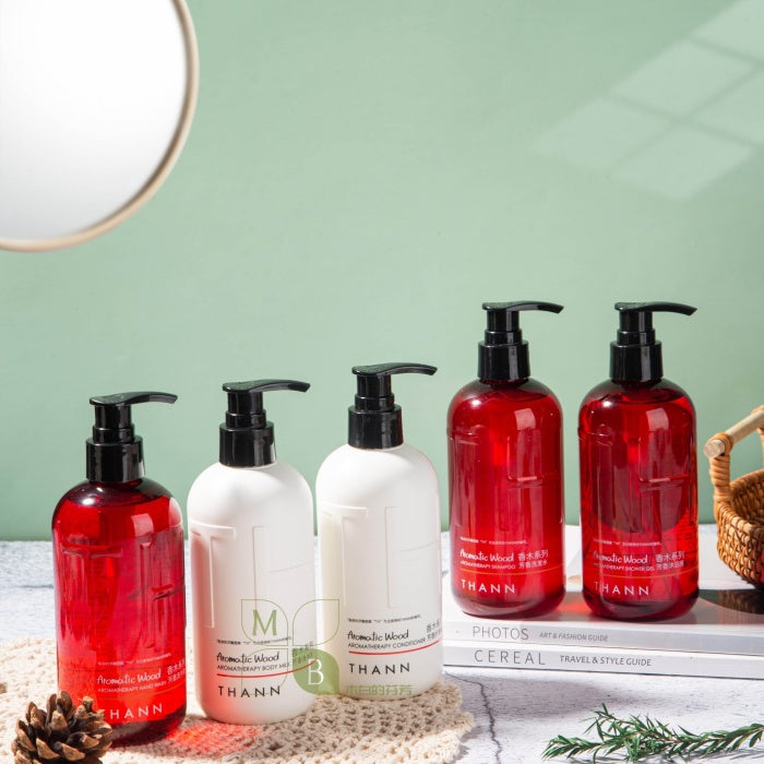 THANN body lotion, hotel-shampoo-conditioner